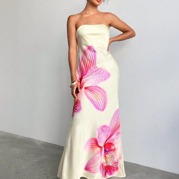 Yellow Elegant Women's Off-Shoulder Satin Maxi Dress with Flower Print - Picture 3 of 5
